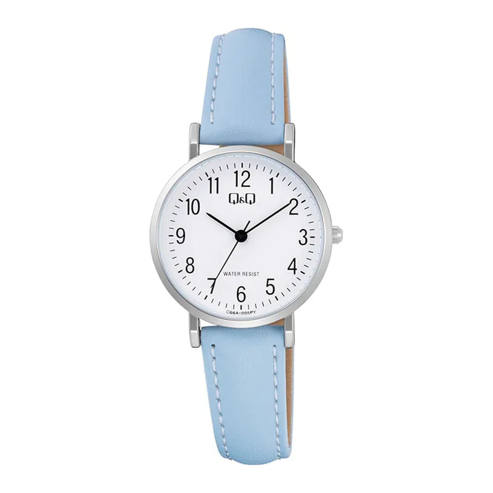 Reloj QyQ Mujer Modelo C66A-005PY de Cuero Color Celeste Analógico Resistente al Agua 3 ATM