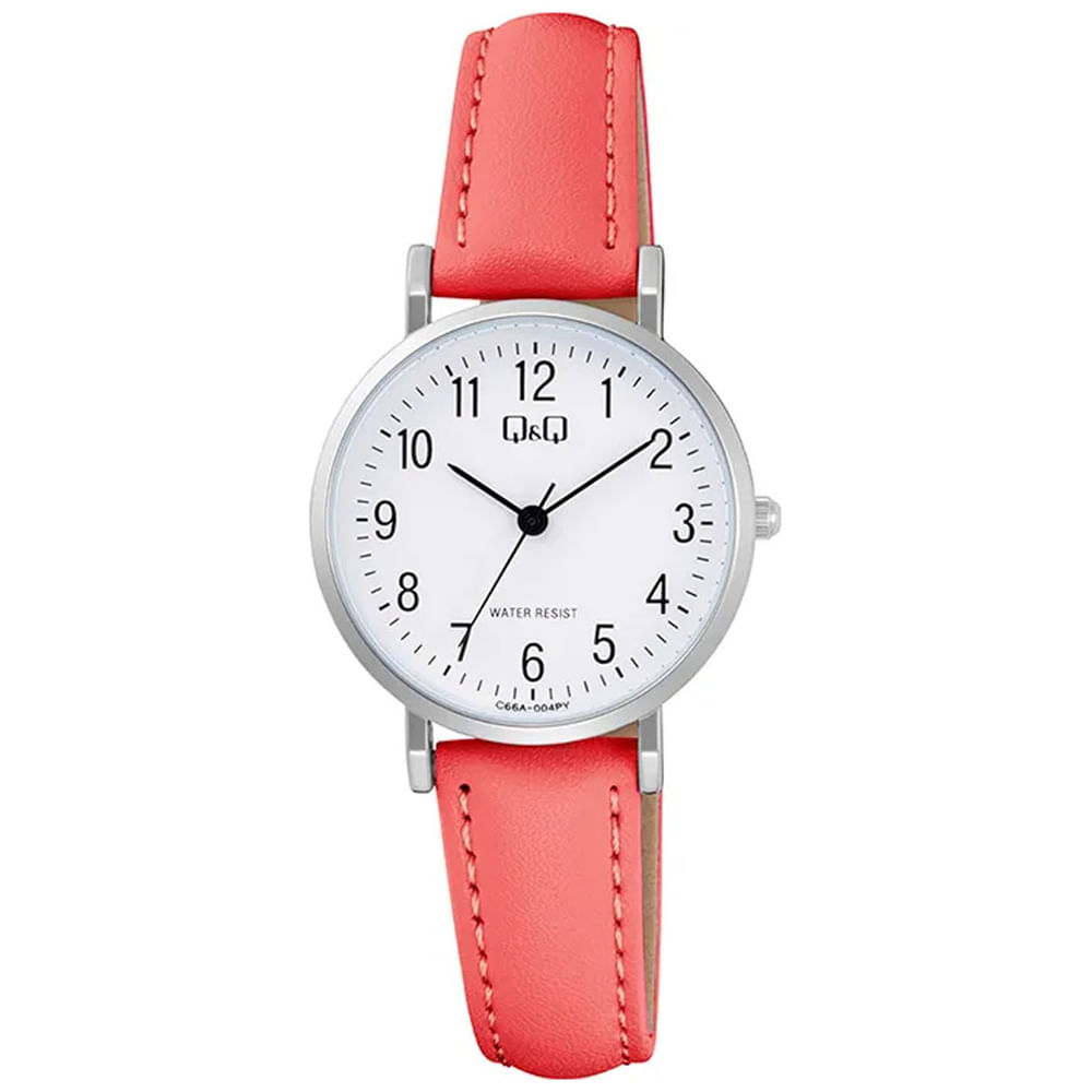Reloj QyQ Mujer Modelo C66A-004PY de Cuero Color Rojo Analógico Resistente al Agua 3 ATM