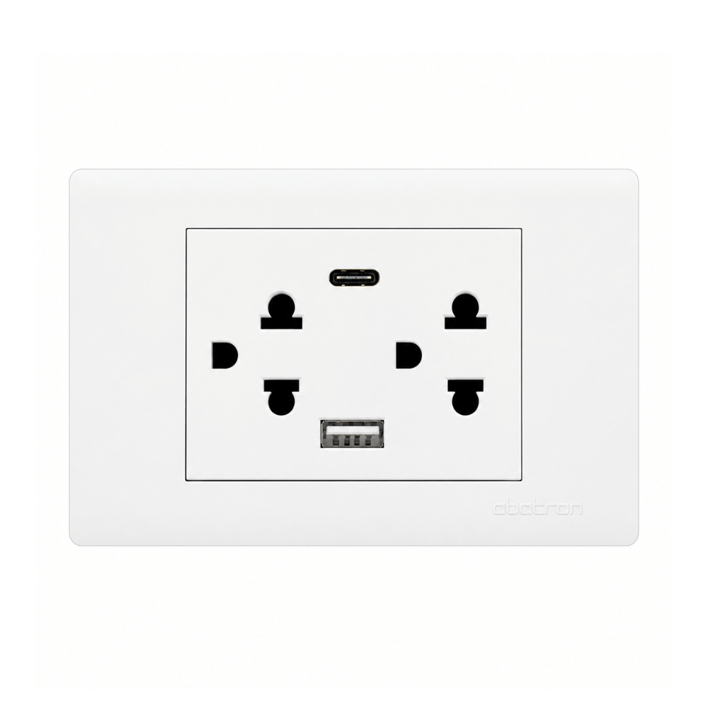 Tomacorriente Doble CTierra Doble Toma USB A y C Empotrable - Blanco