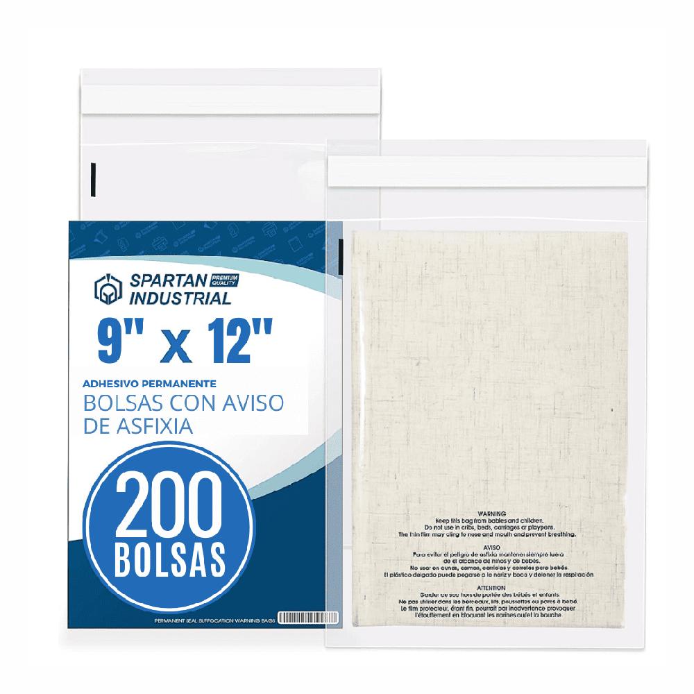 200 Bolsas de Polietileno Autoadhesivas Autosellables con Aviso de Asfixia 9x12P - SPARTAN INDUTRIAL