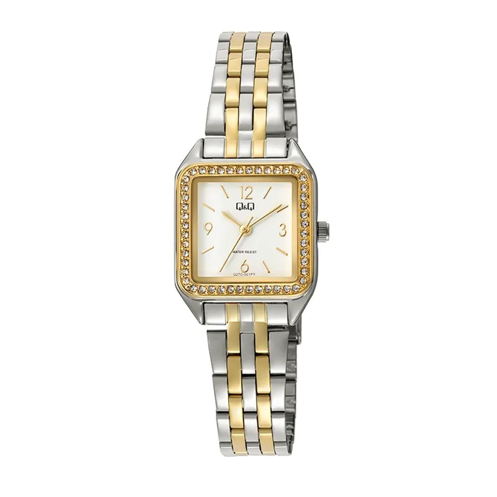 Reloj QyQ Modelo Q27C-001PY para Mujer Bicolor Diseño Cuadrado Color Dorado y Plateado Regalo