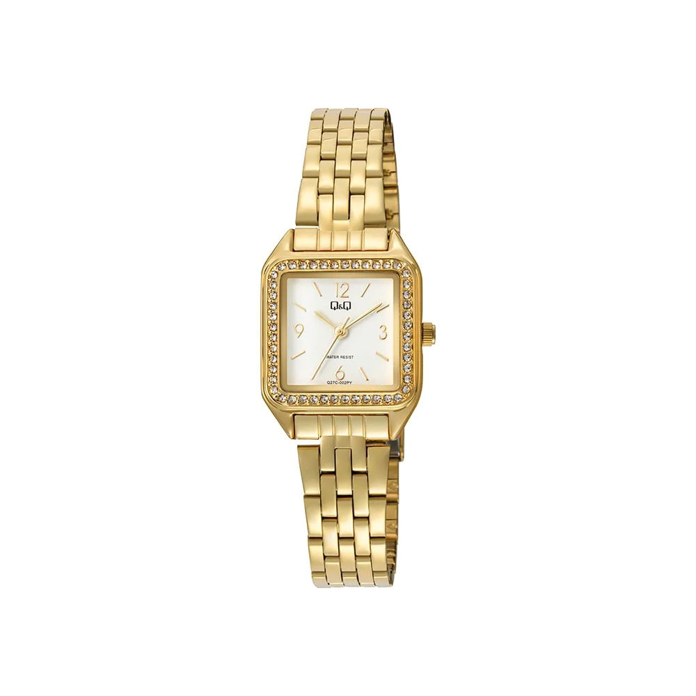 Reloj QyQ para Mujer Modelo Q27C-002PY Diseño Cuadrado Color Dorado con Detalles Brillantes