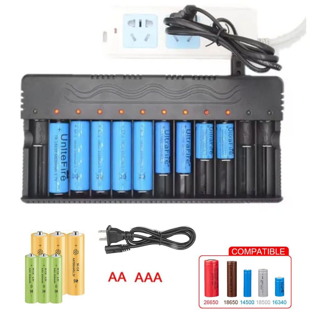 Cargador de Pilas Baterías Recargables 12 Puestos AA AAA 18650 26650