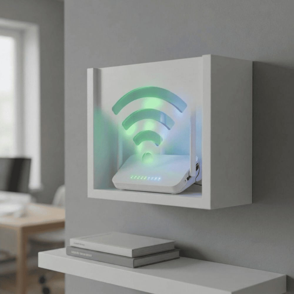 Organizador flotante de melamina para modem o router Wifi. Blanco
