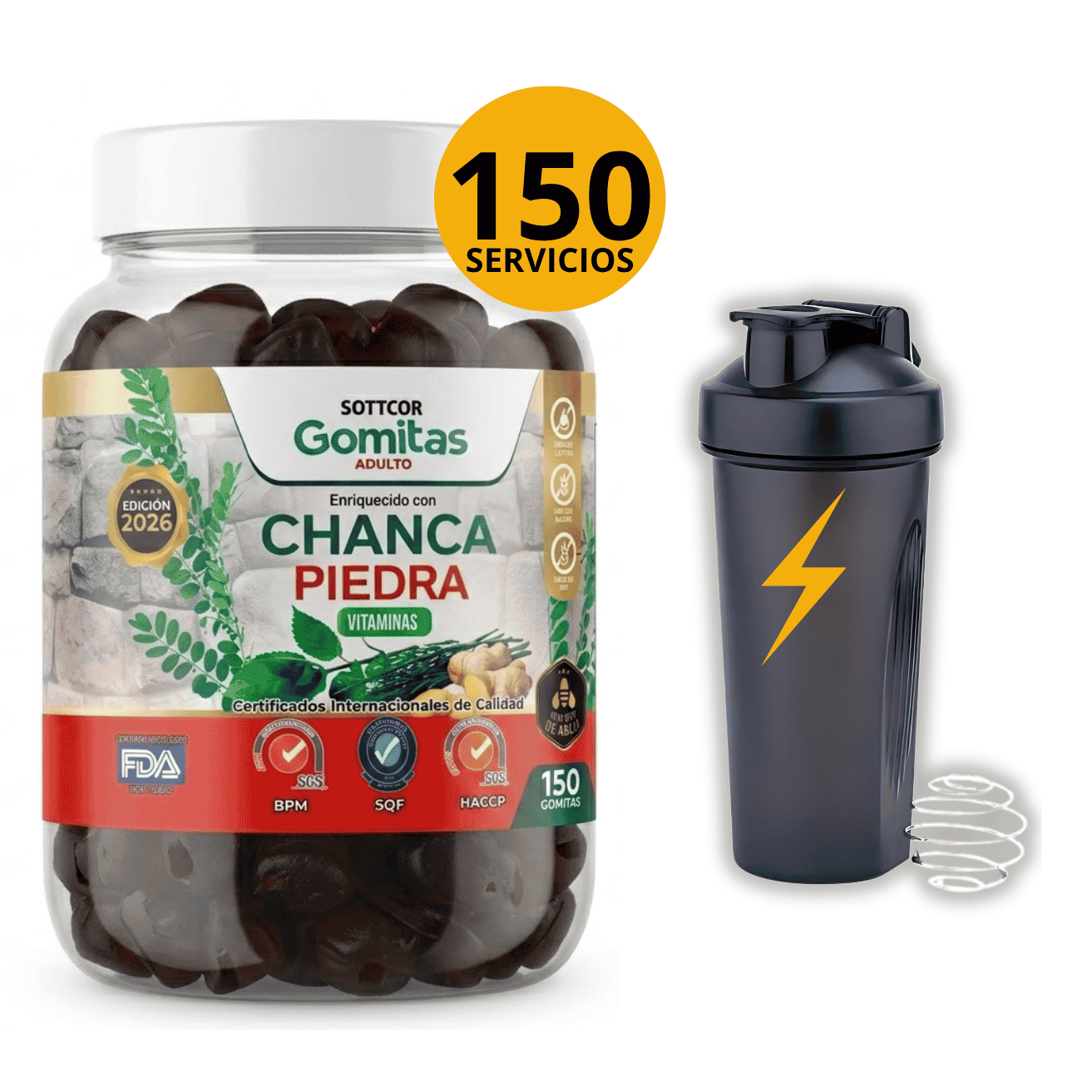 Sottcor Suplemento Gomitas Chanca Piedra Vitaminas Adultos 150 Unidades con shaker de regalo