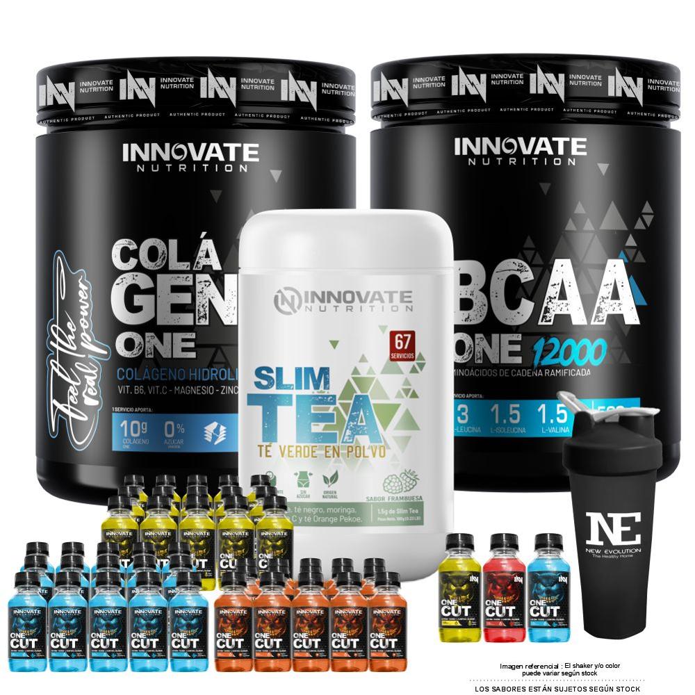 COMBO INN- BCAA ONE 500G FRUIT PUNCH Y COLÁGENO ONE 500G SANDIA Y SLIM TEA Y 3 ONE CUT PACK Y SHAKER