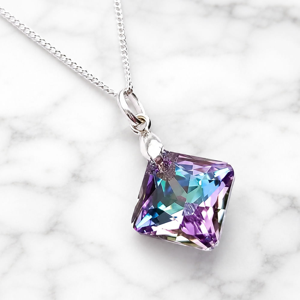 Collar para Mujer Plata 925 con Dije de Cristal Diseño Rombo Lila Regalo Elegante para Mujer