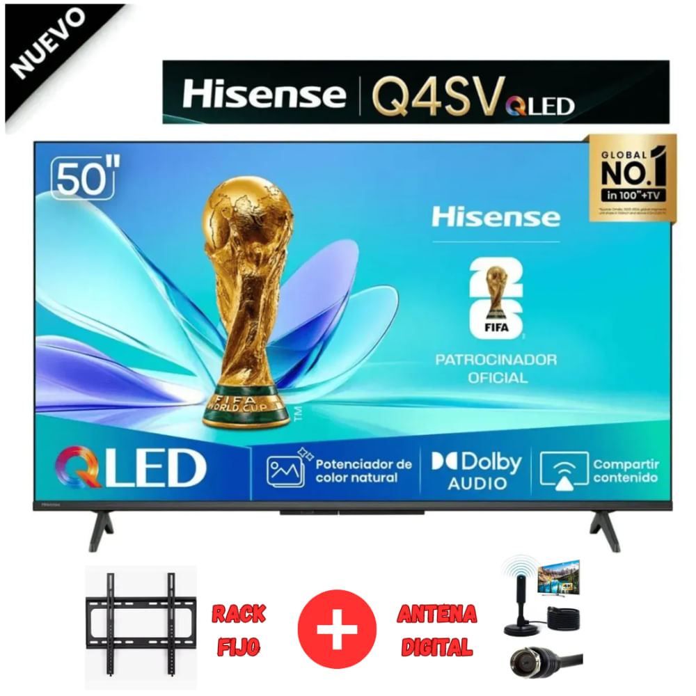 TV Hisense 50 QLED  Modelo 50Q4SV más Antena Digital más Rack