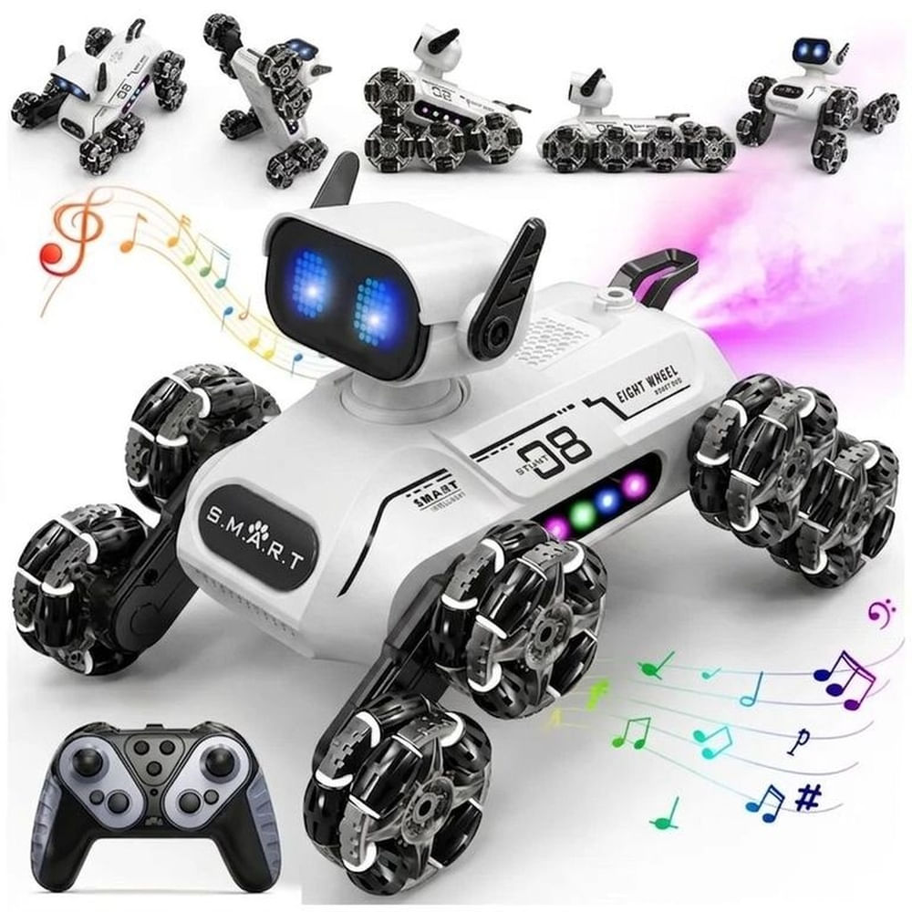 Robot Perro a Control Remoto 8 Ruedas con Luces LED Musical y Efecto Humo realista