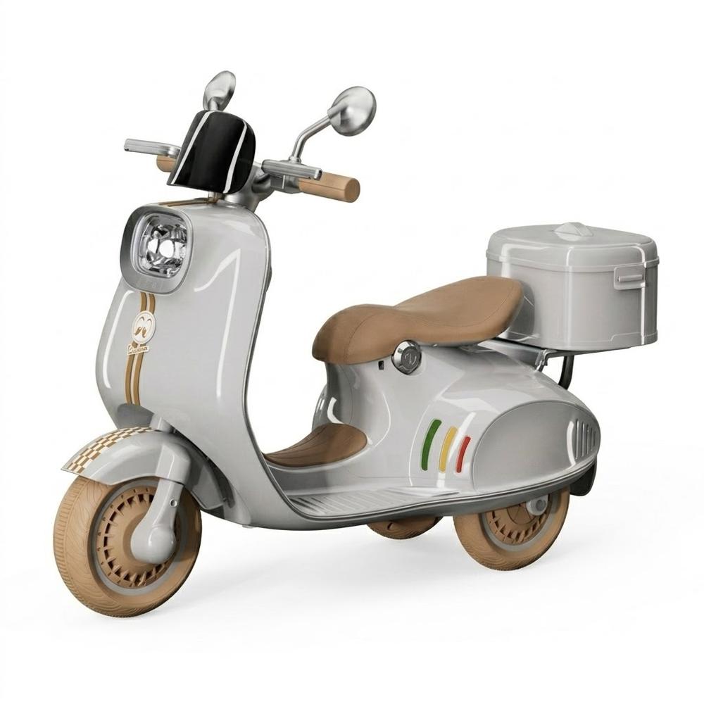 Scooter Moto Eléctrica Gris para Niños Estilo Vespa Primavera 6V Doble Motor Luces LED y Música