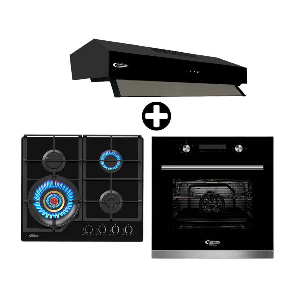 COMBO Klimatic: Cocina Empotrable Vulcano 4 Hierro Fundido Negro + Campana Extractora Marken 60cm + Horno Empotrable a Gas Bonn Negro