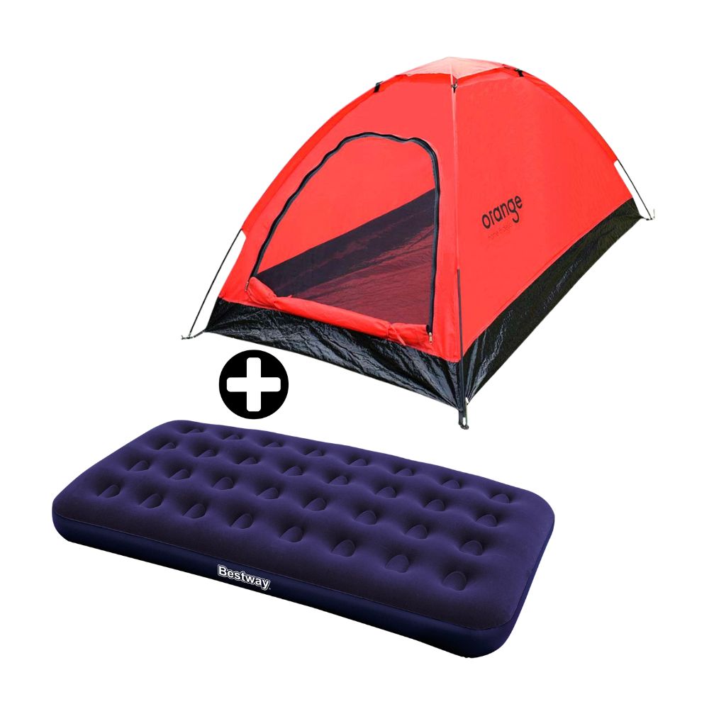 COMBO Carpa para 2 personas Ligera Dome Pack Orange + Colchón Inflable Bestway 1 1/2 Plaza Felpa Vinil Azul