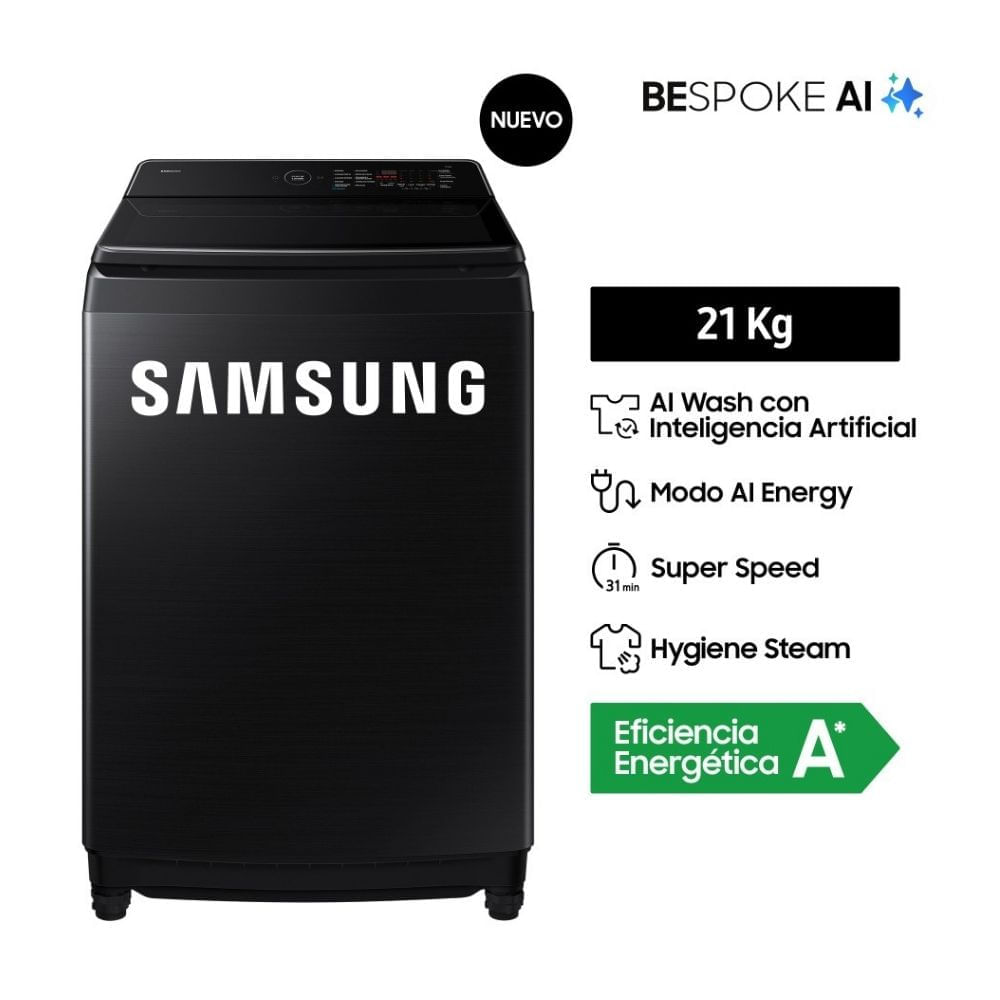 Lavadora Samsung 21kg WA80F21B9BPE AI Wash Carga Superior Negro
