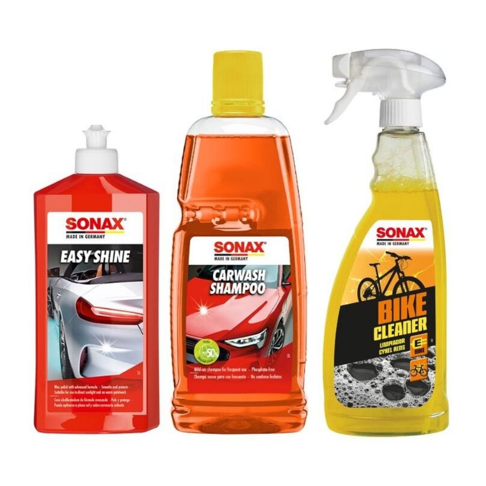 Combo Sonax: Shampoo Carwash + Cera + Limpiador Bike
