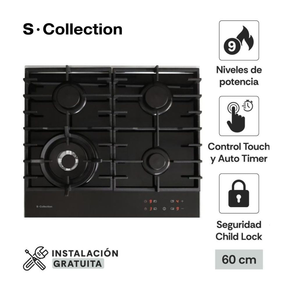 Cocina Encimera a Gas 60cm S-Collection 3120SOLCO082 Vidrio Full Touch