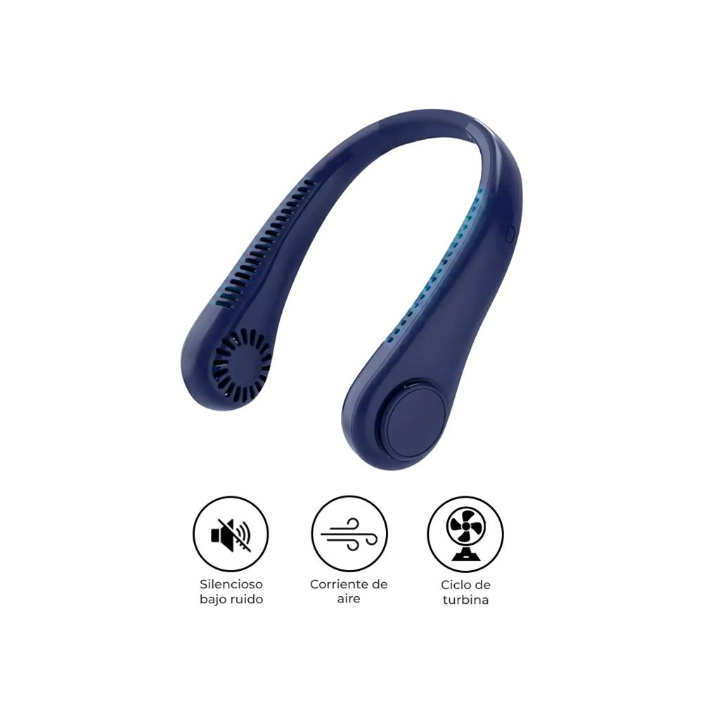 Ventilador de Cuello Portátil Recargable USB Digital LED 360° Bajo Ruido Azul