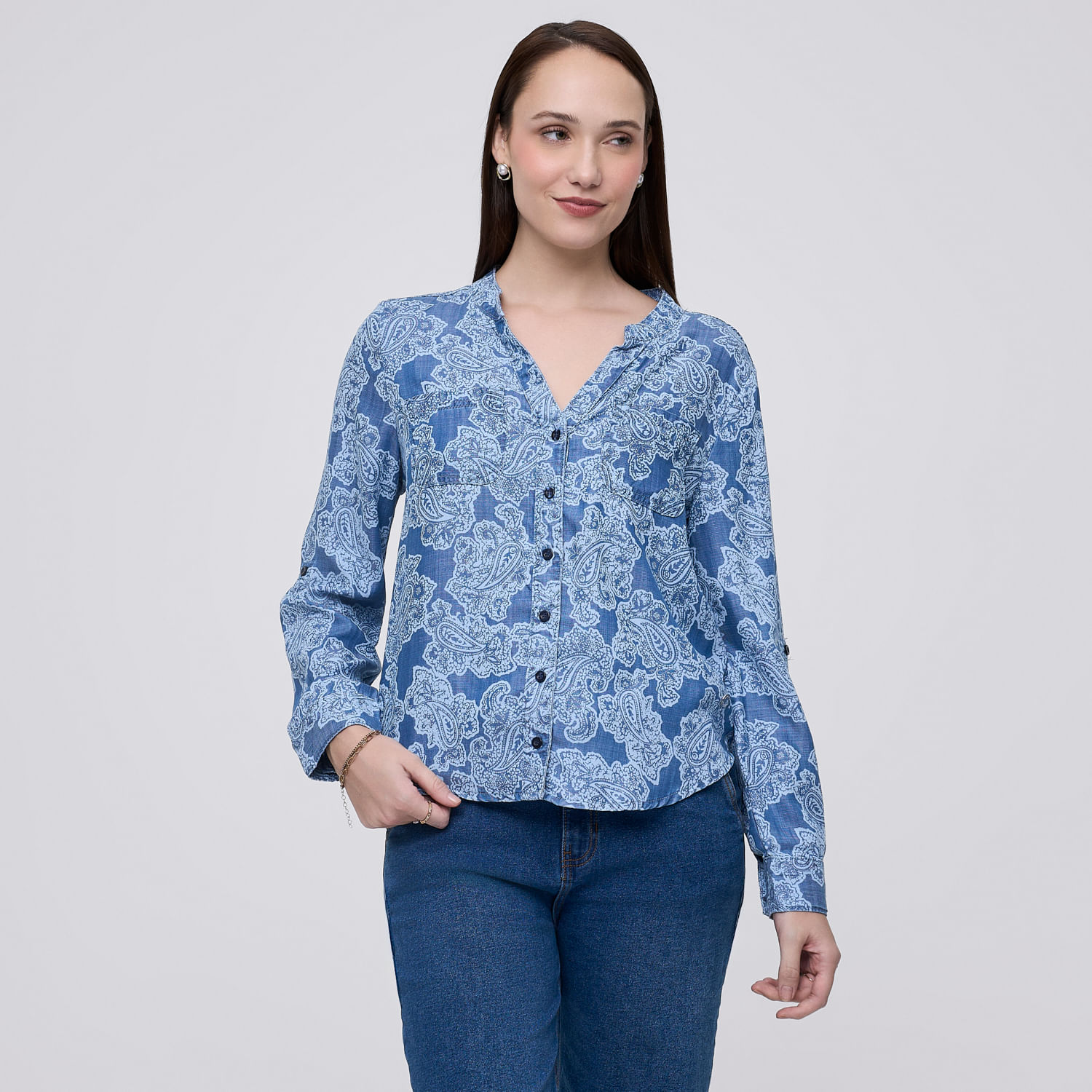 Blusa Mujer Roll Madison Manga Larga Azulino M