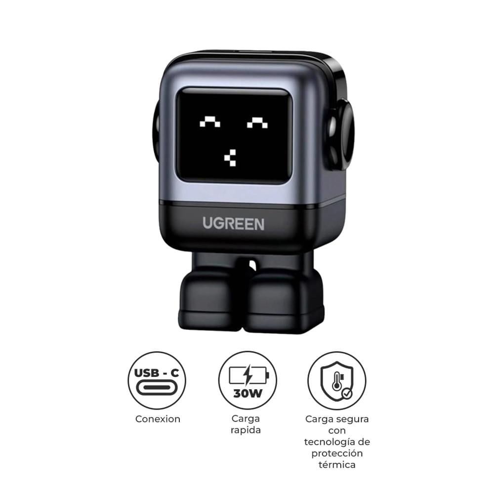 Cargador UGREEN Uno RG CD359 30W USB-C GaN PD Robot Gris Carga Rápida