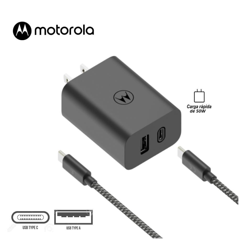 Cargador Pared Motorola TurboPower 50W USB-C y USB-A Carga Rápida Cable Tipo C 1m