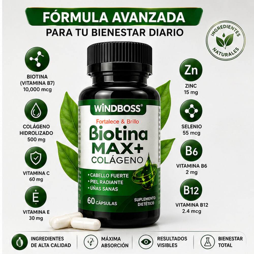 BIOTINA MAX CON COLÁGENO WINDBOSS 60 CÁPSULAS CABELLO PIEL Y UÑAS