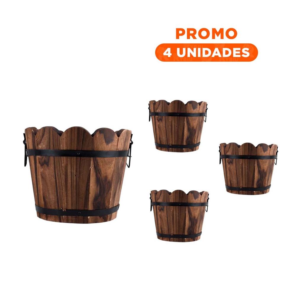 Pack4 Jardinera de Madera Natural Tipo Barril con Borde Ondeado Marron