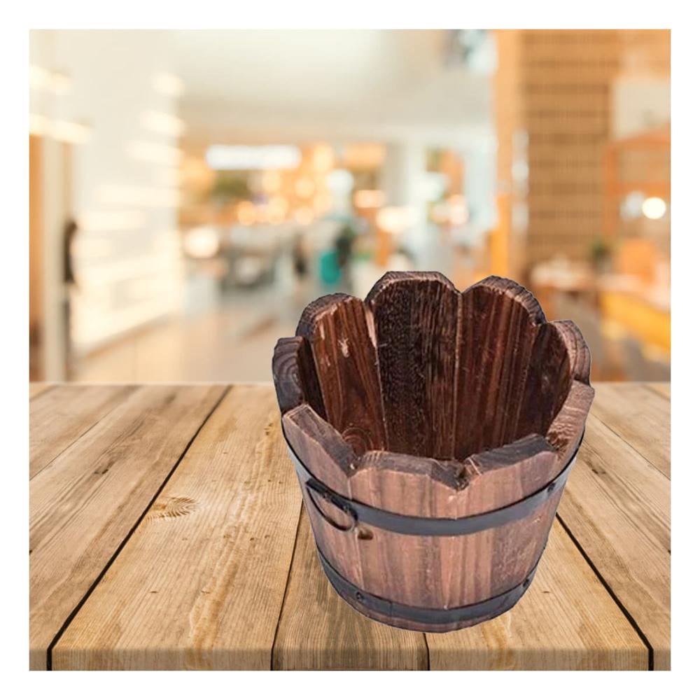 Jardinera de Madera Barril con Borde Ondeado para Decoracion de Casa Marron Y Papel Regalo