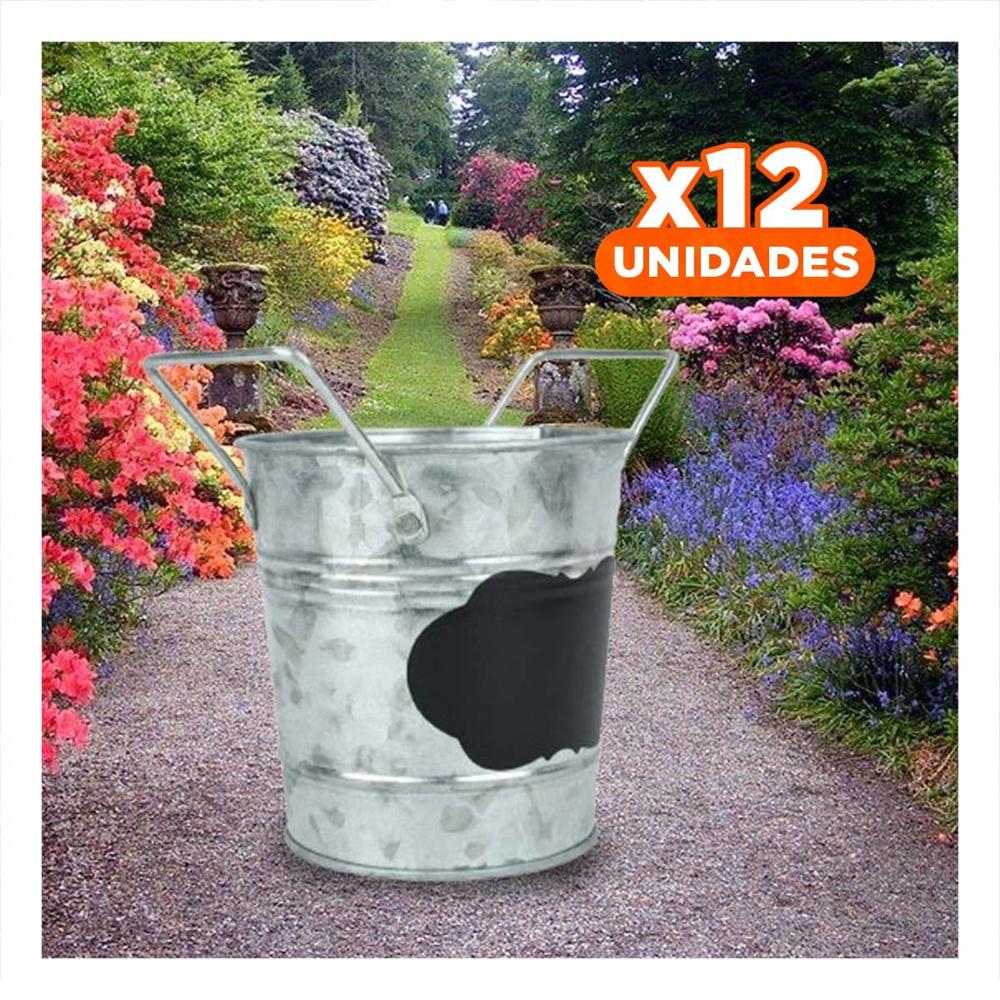 Pack12 Contenedor de Metal Plateado para Plantas con Doble Asa y Pizarra Nube Y Regalo Sticker