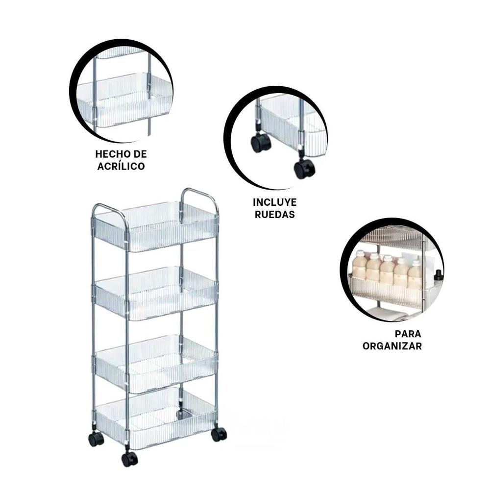 Carrito de Acrilico de 4 Niveles con Asas Transparente para Cocina y Sala Y Regalo Sticker