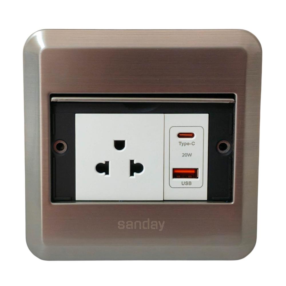 TOMA PARA PISO METALICA UNIVERSAL Y USB TIPO A Y C PLACA PLATA Y MODULOS BLANCOS SANDAY