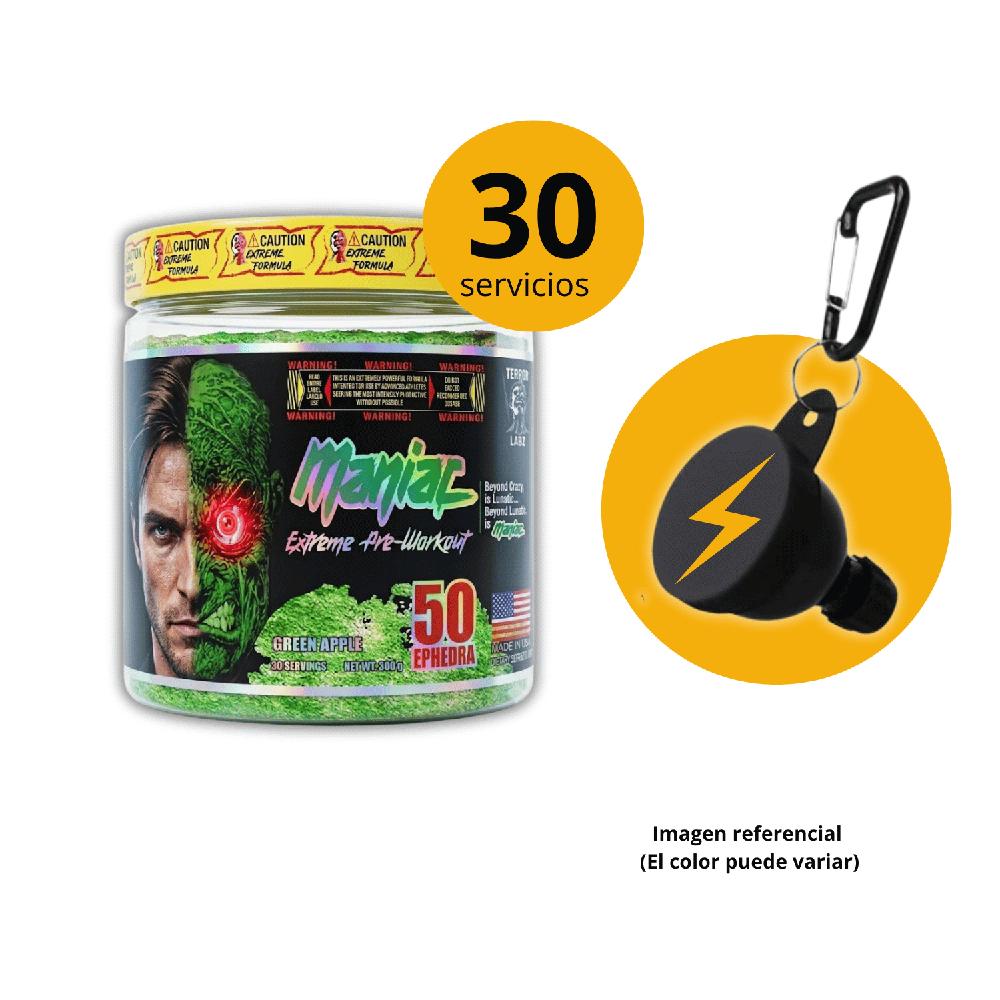 Pre-Entreno Maniac Extreme Formula Green Apple 300gr con portasuplementros gratis