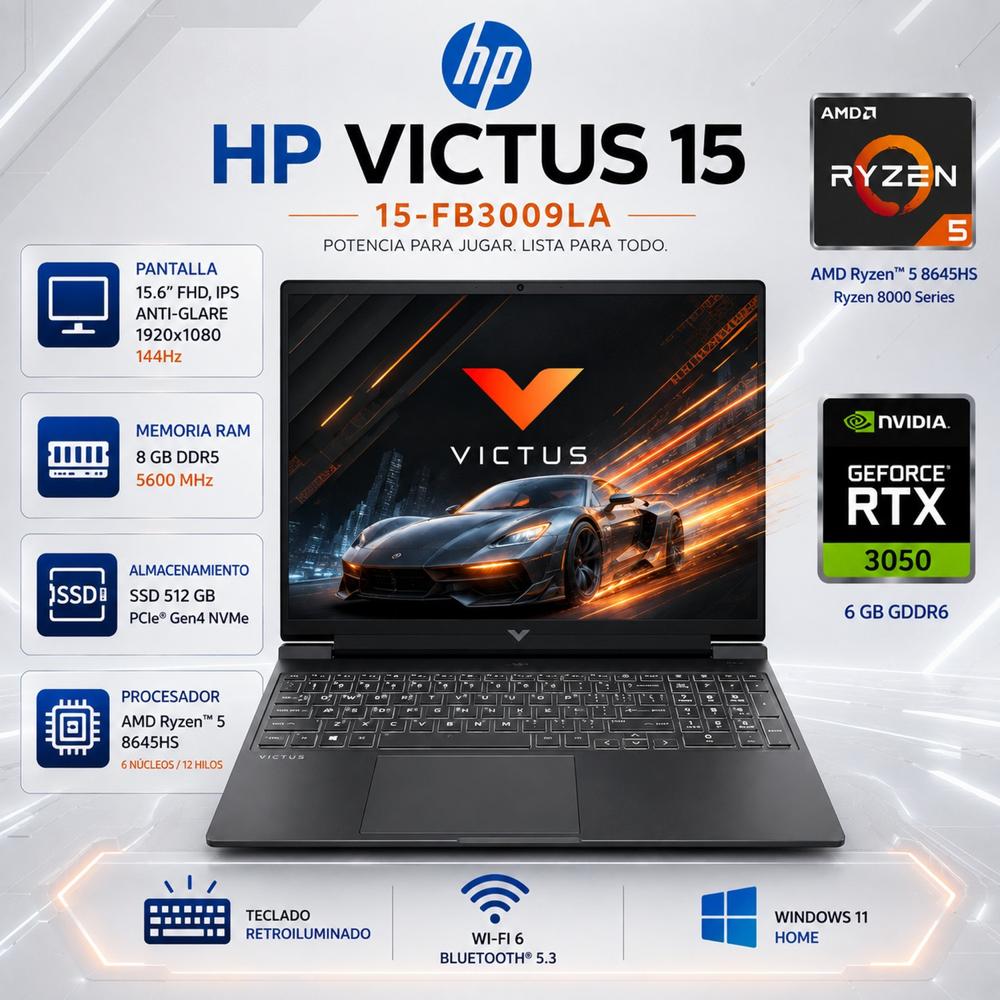 Laptop Gamer HP Victus 15 Ryzen 5 8645HS 8GB DDR5 512GB SSD RTX 3050 6GB 15.6 FHD 144Hz 15-FB3009LA