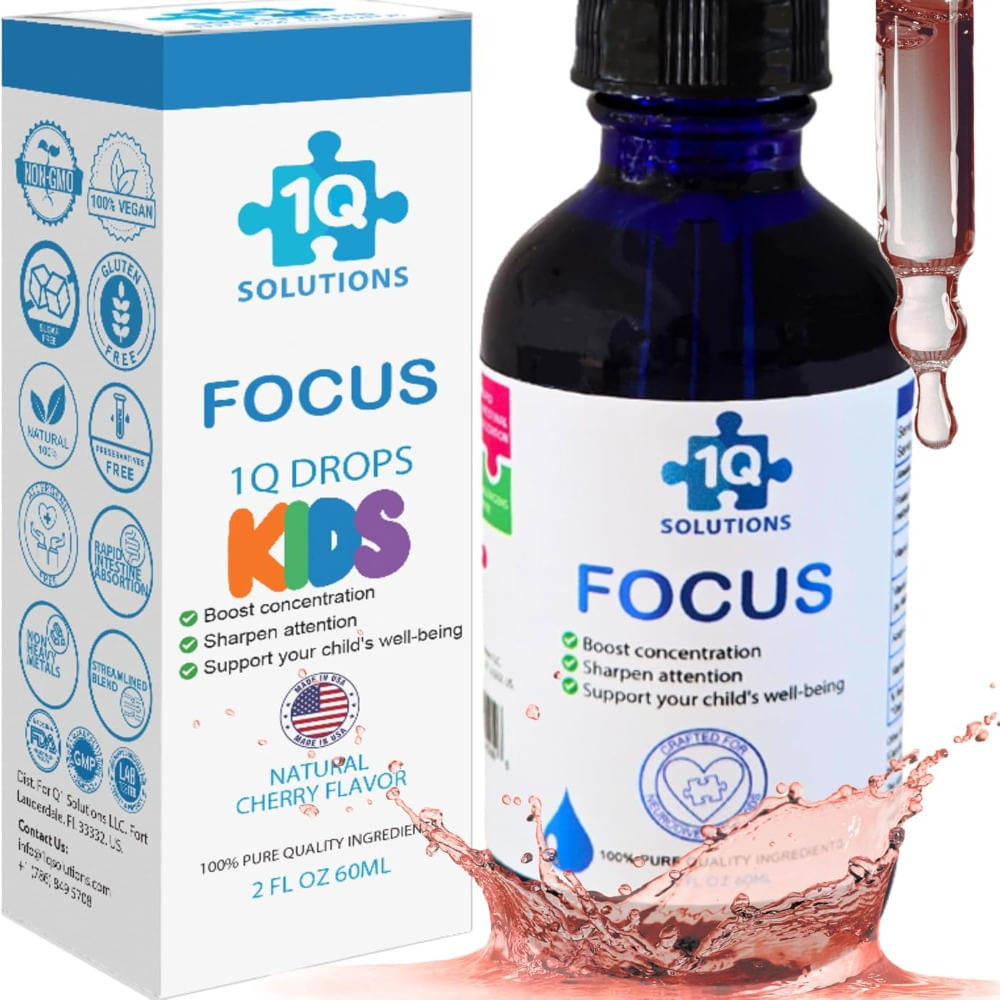 1Q Focus Gotas naturales de apoyo cognitivo y cerebral líquido para niños  B1 B6 B12 y 5 MTHF
