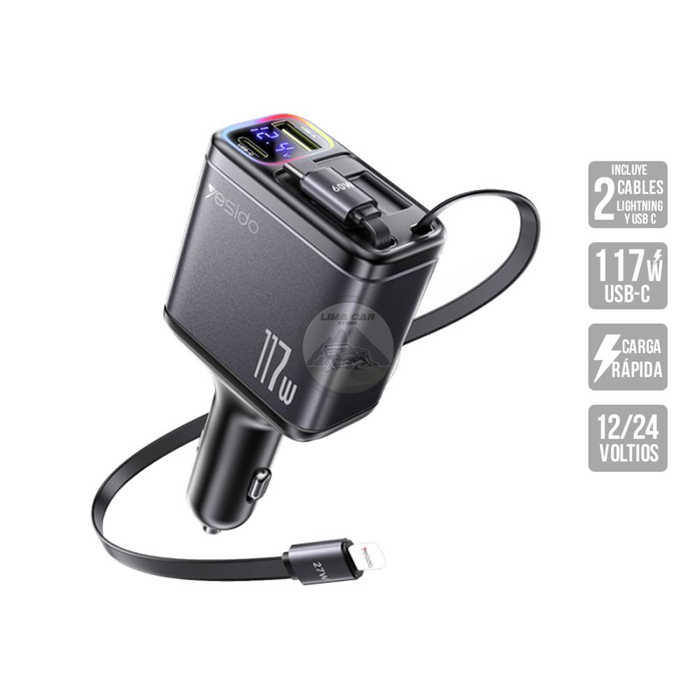 Cargador Para Auto 117W Usb-Usb-C Lightning 4 En 1 Retráctil Medidor de voltaje