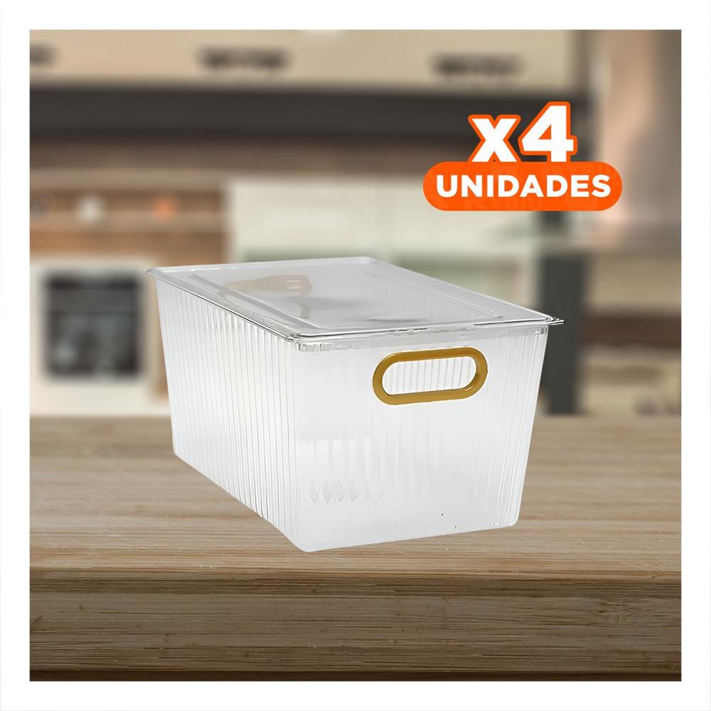 Pack4 Soporte de Acrilico Rectangular con Tapa y Asas Doradas Apilable Y Regalo Sticker