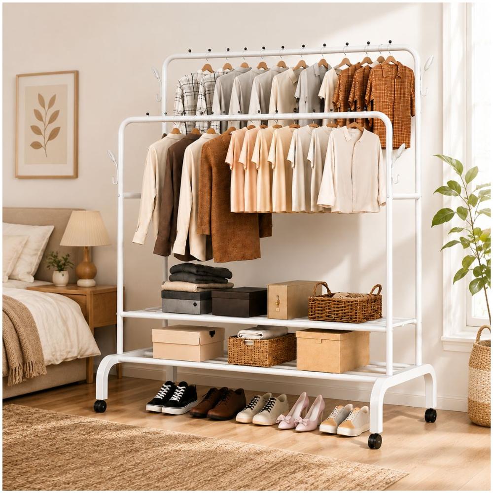 Organizador de Ropa Doble Barra Metal Soporta 68kg 155x108x51cm Blanco