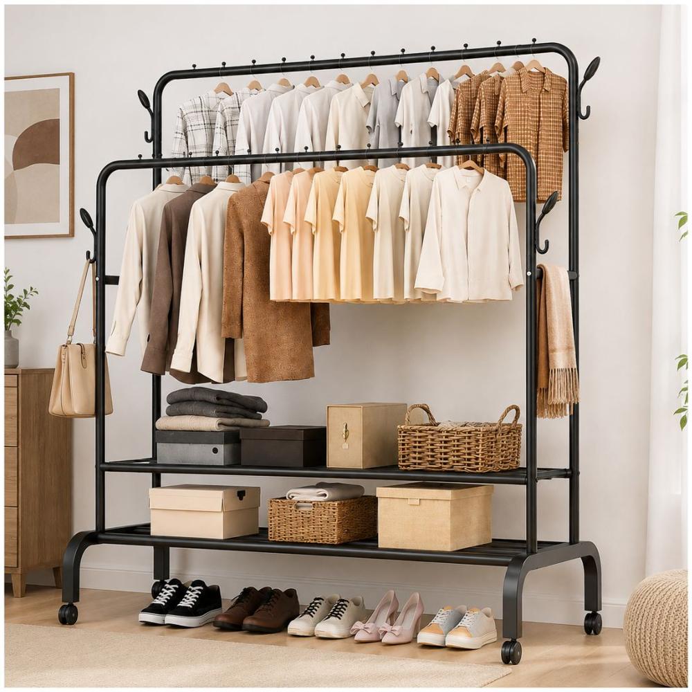 Organizador de Ropa Doble Barra Metal Soporta 68kg 155x108x51cm Negro