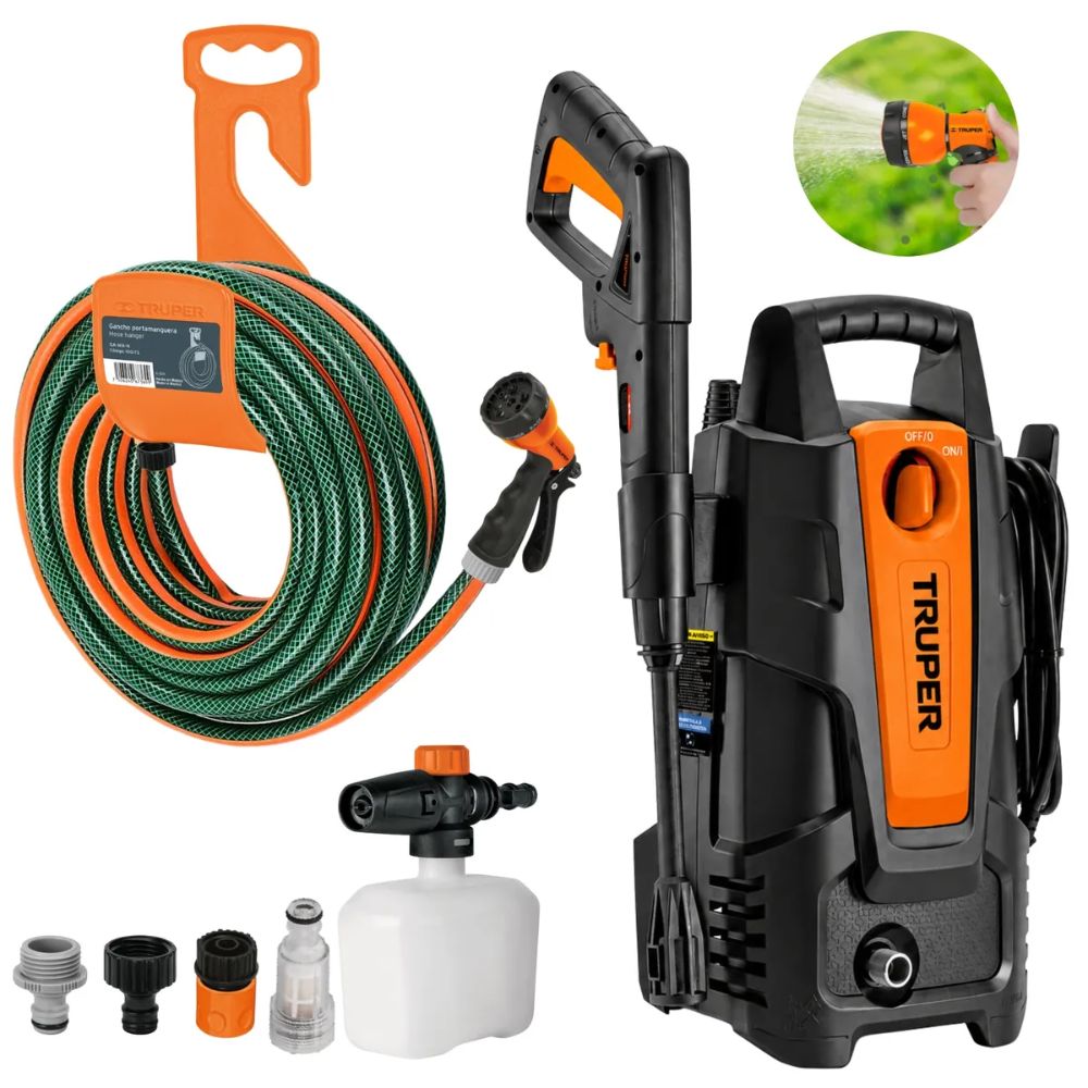 Combo Hidrolavadora Truper 1500 PSI manguera de 10m pistola de riego