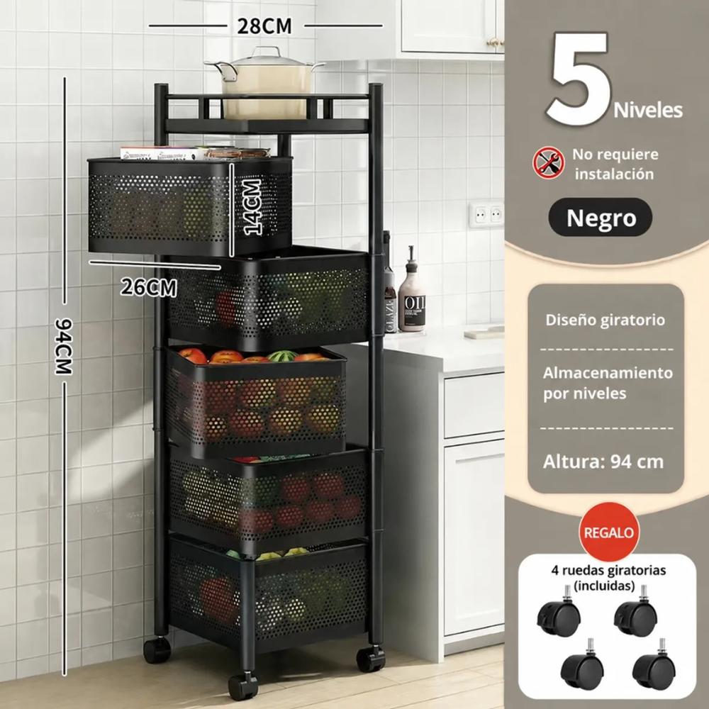 Cesta Carrito de Cocina Giratorio Organizador de 5 Niveles con Ruedas Negro