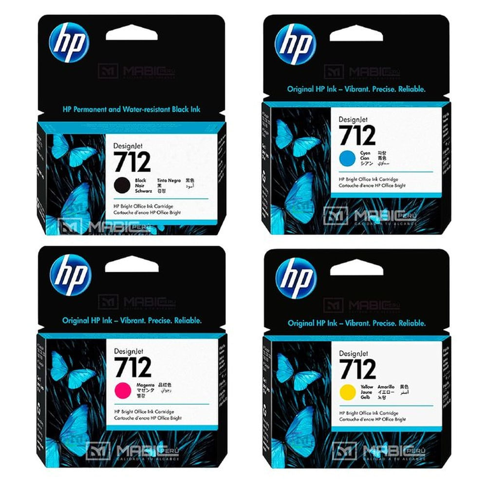 Kit Tinta HP 712 Negro Cian Magenta Amarillo DesignJet T210, T250, T650 Original