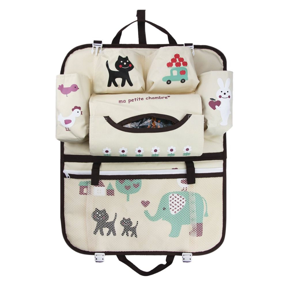 Organizador de Auto Asiento Trasero Infantil Con Diseño Gatito con Elefante Verde Beige con Marrón
