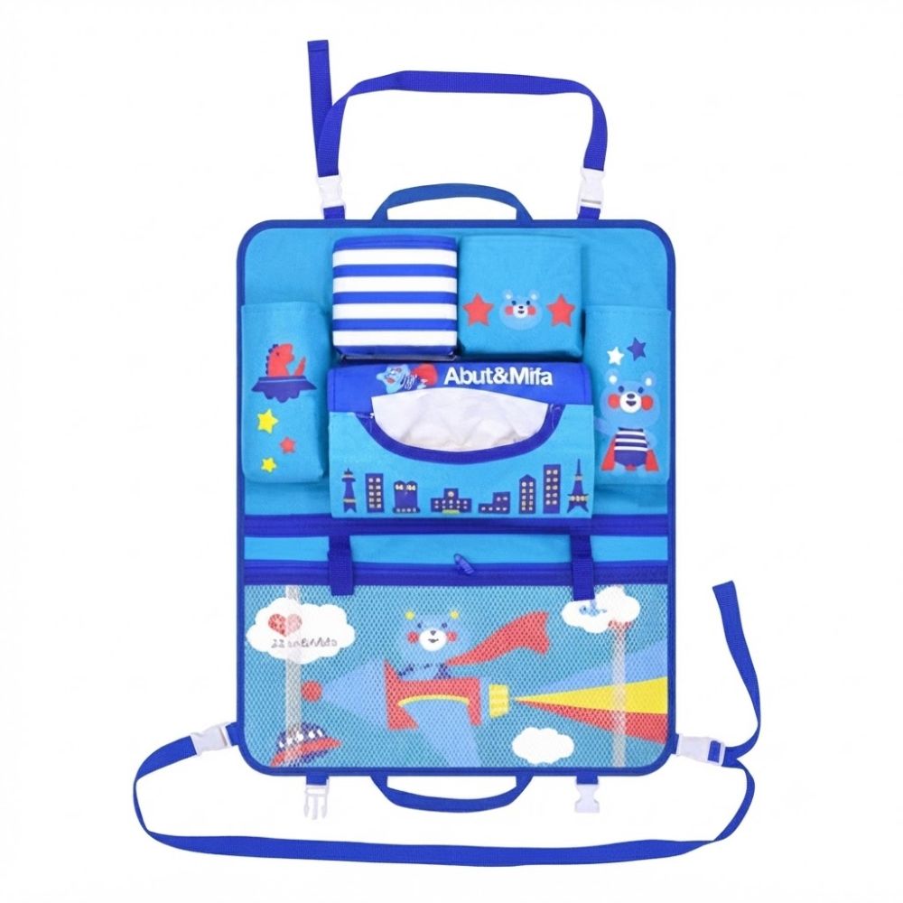 Organizador de Auto Asiento Trasero Infantil Con Diseño de Osito en Cohete Celeste con Azul