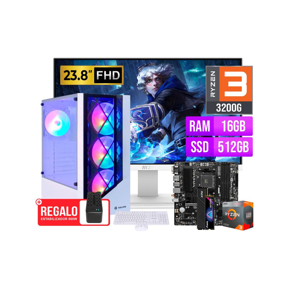 COMPUTADORA AMD RYZEN 3 3200G RAM 16G SSD 512GB MONITOR 23.8 BLANCO