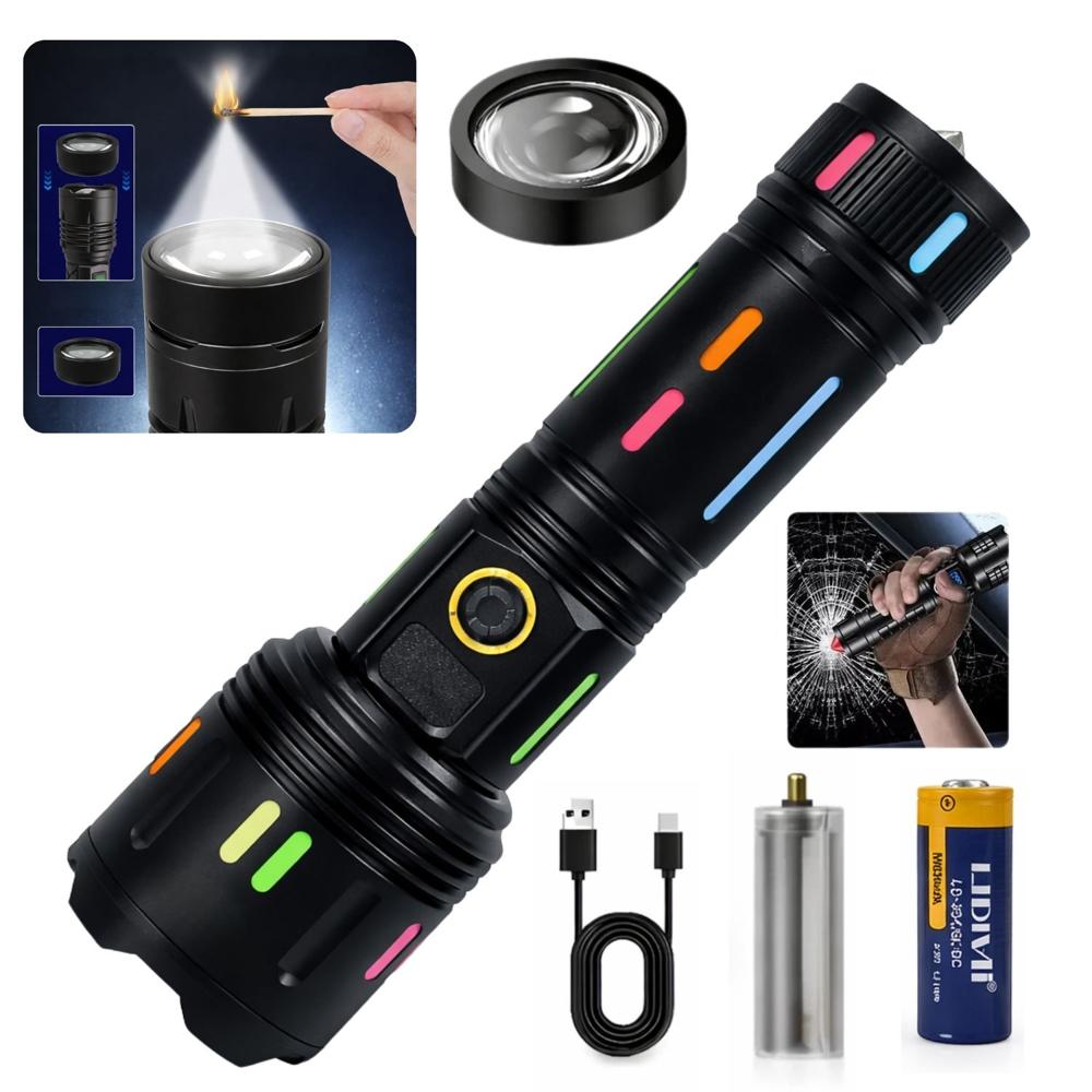 Linterna Táctica Militar LD-L1514A 30W Recargable USB-C con Power Bank y Encendedor