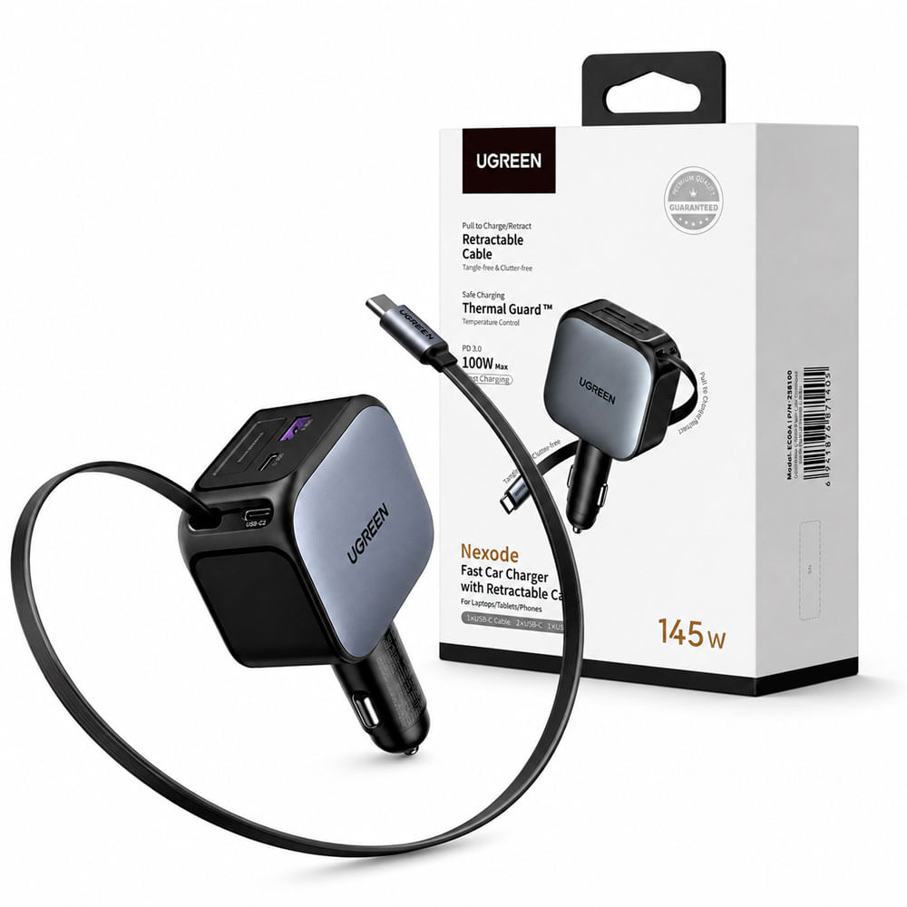 UGREEN EC604 Cargador de Auto 145W Nexode USB-C Retráctil