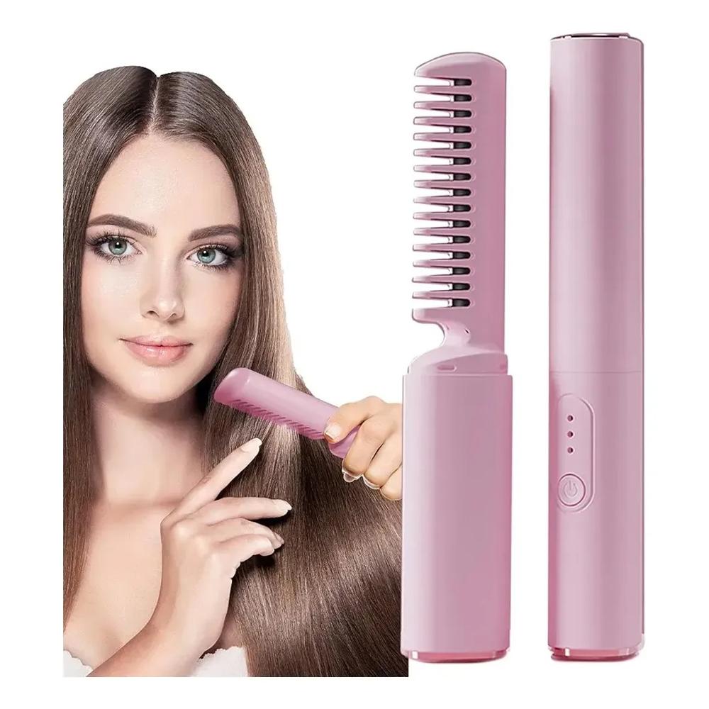 PEINE ALISADOR ELECTRICO PORTATIL PARA CABELLO COLOR ROSADO.