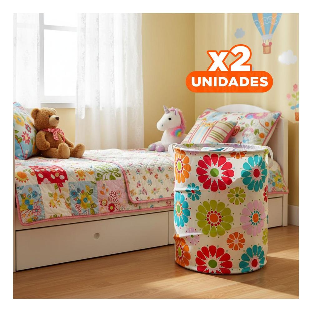 Pack2 Canasta Impermeable para Guardar Ropa con Flores de Colores 50x42cm Blanco