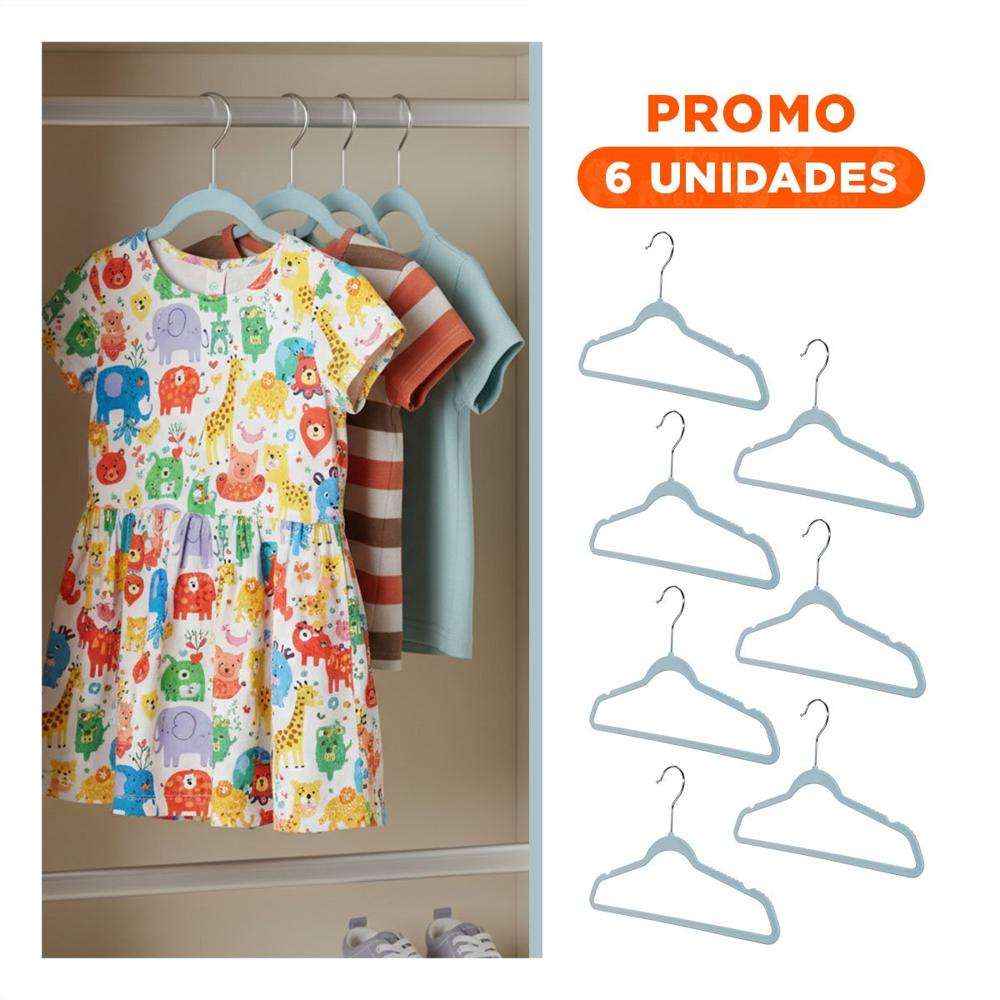 Pack6 Percha para Pijamas y Accesorios Infantiles 10 Piezas 29x19cm Celeste Y Regalo Sticker