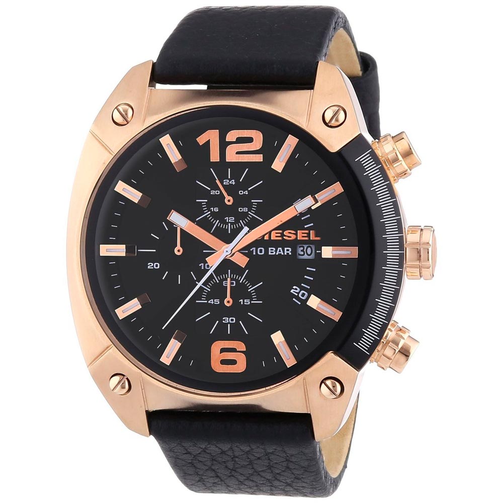 Reloj Diesel Overflow DZ4297 Fecha Cronómetro Acero Inoxidable Rose Gold Correa de Cuero Negro