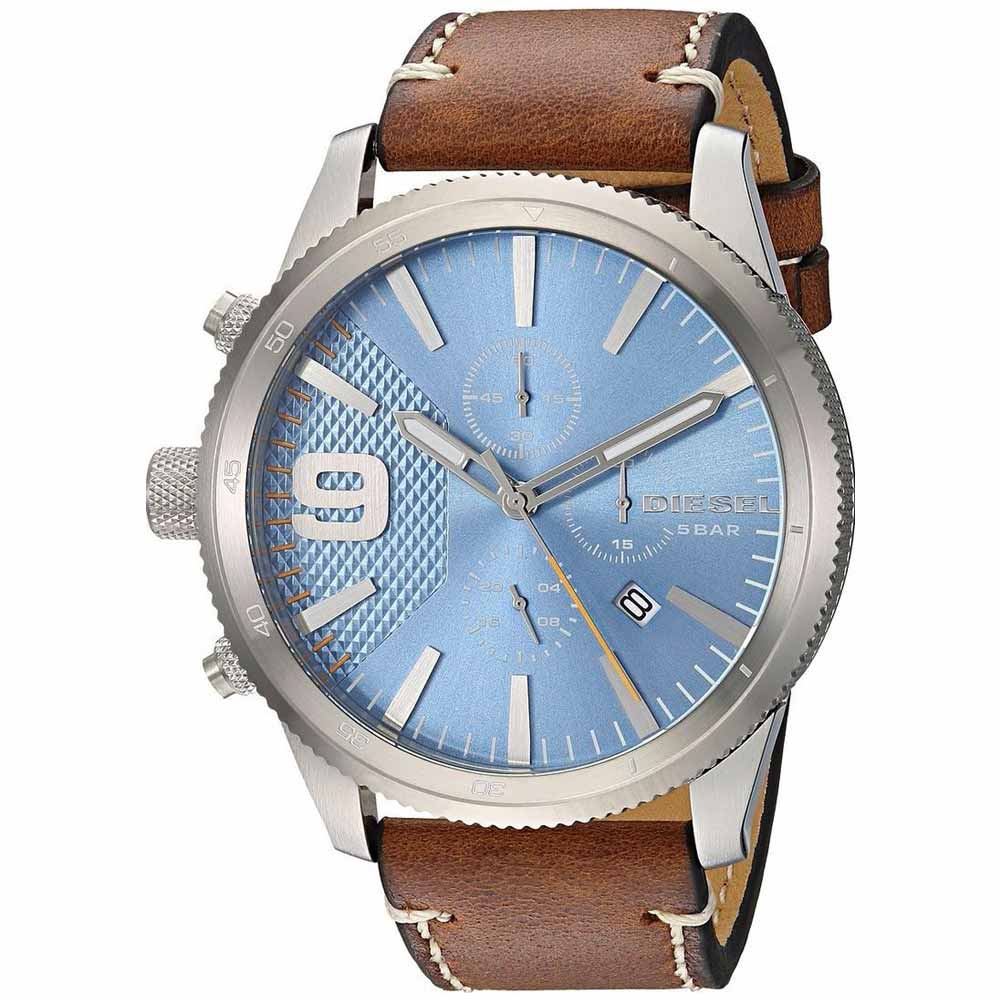 Reloj Diesel Rasp Chrono DZ4443 Fecha Cronómetro Correa de Cuero Marron Dial celeste