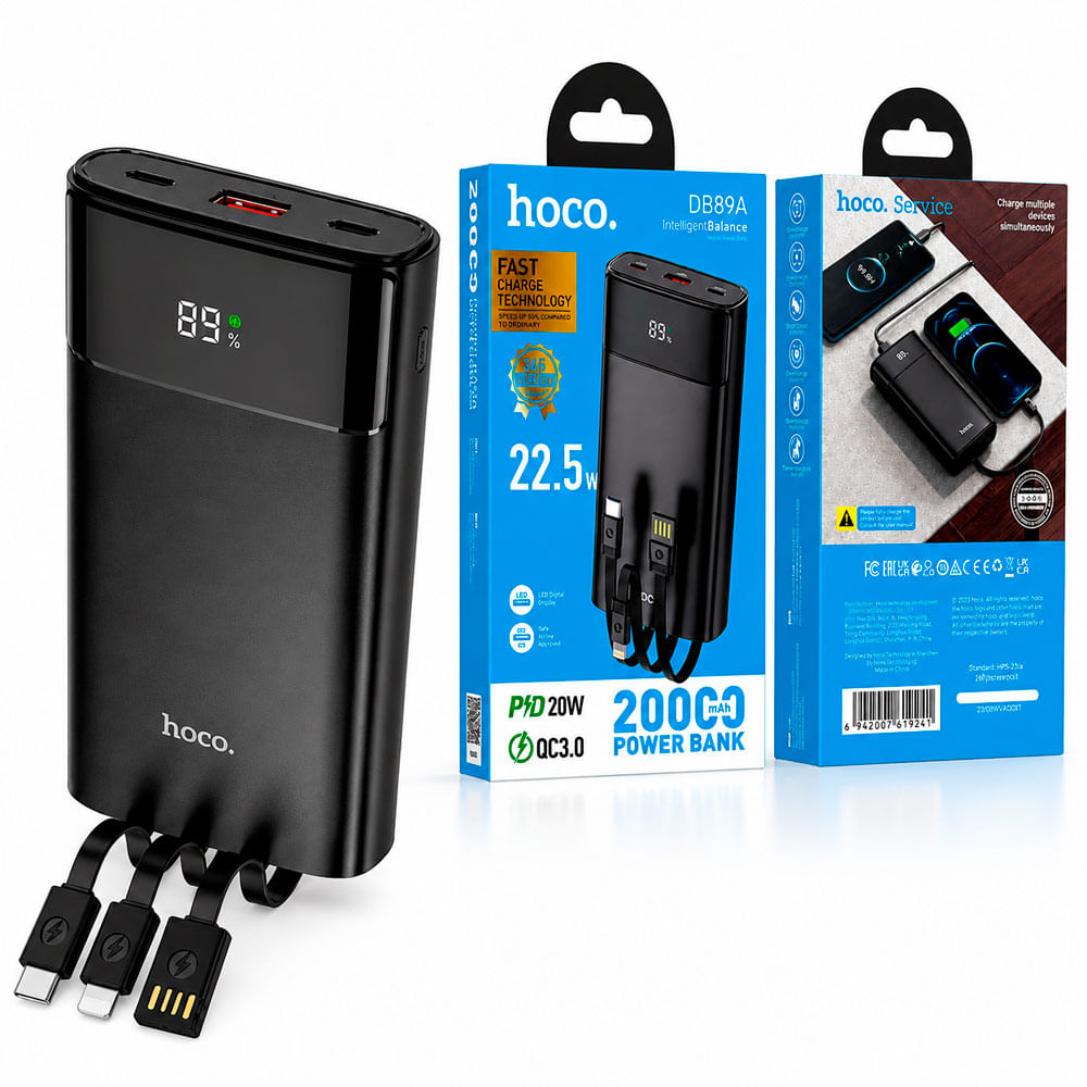 HOCO DB89A Power Bank 20000mAh 22.5W con Cables Integrados